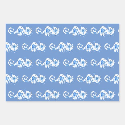 Blauw en Wit Zeepaardje Wrapping Sheets Inpakpapier Vel (Voorkant 2)