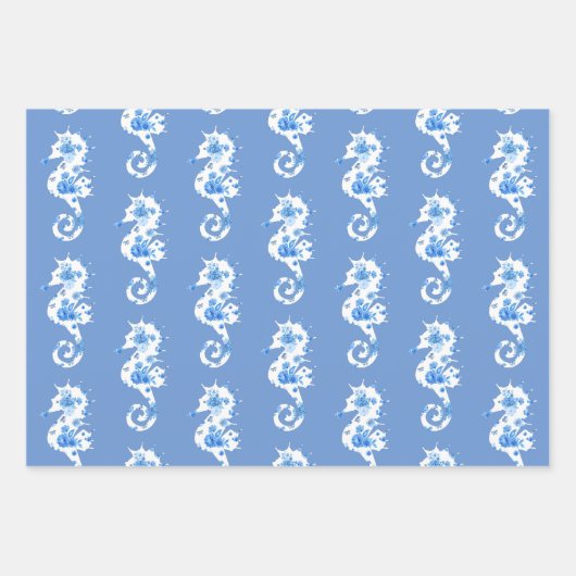 Blauw en Wit Zeepaardje Wrapping Sheets Inpakpapier Vel (Voorkant 3)