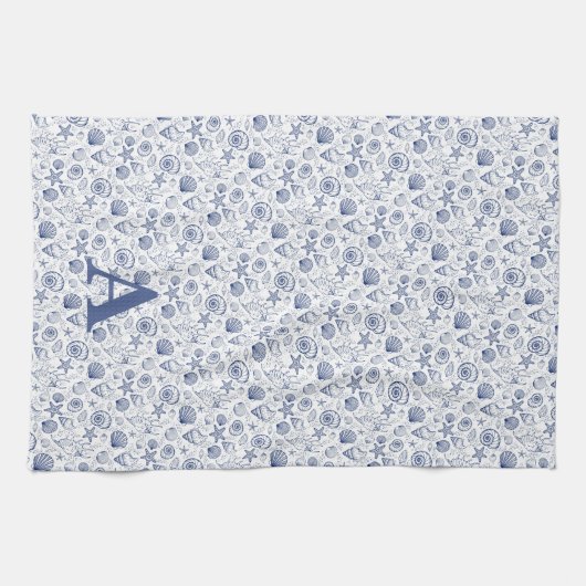 Blauw en Wit Zeeschelp Zeesterren Nautisch Monogra Theedoek (Horizontaal)