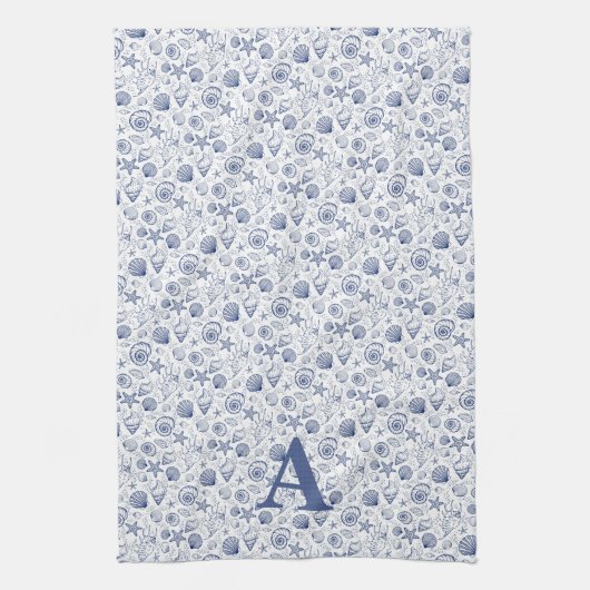 Blauw en Wit Zeeschelp Zeesterren Nautisch Monogra Theedoek (Verticaal)