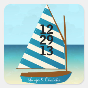 Blauw en Wit Zeilboot Bruiloft Save the Date Vierkante Sticker