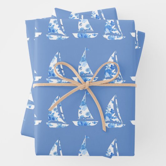 Blauw en Wit Zeilboot Wrapping Sheets Inpakpapier Vel (In situ)