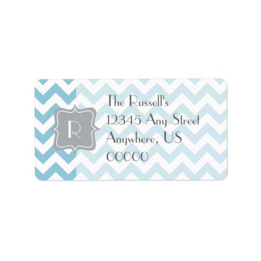 Blauw en wit Zigzag Monogram Etiket (Voorkant)