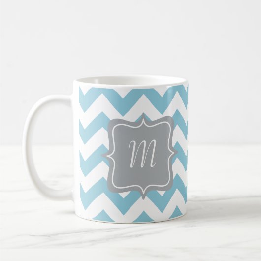 Blauw en wit Zigzag Monogram Koffiemok (Links)