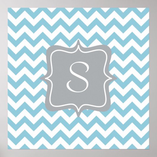 Blauw en wit Zigzag Monogram Poster (Voorkant)