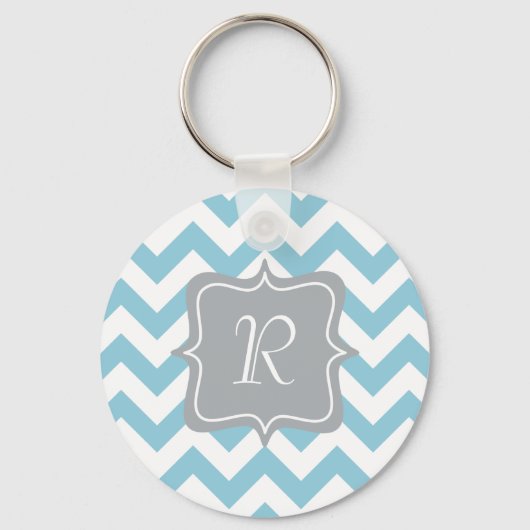 Blauw en wit Zigzag Monogram Sleutelhanger (Voorkant)