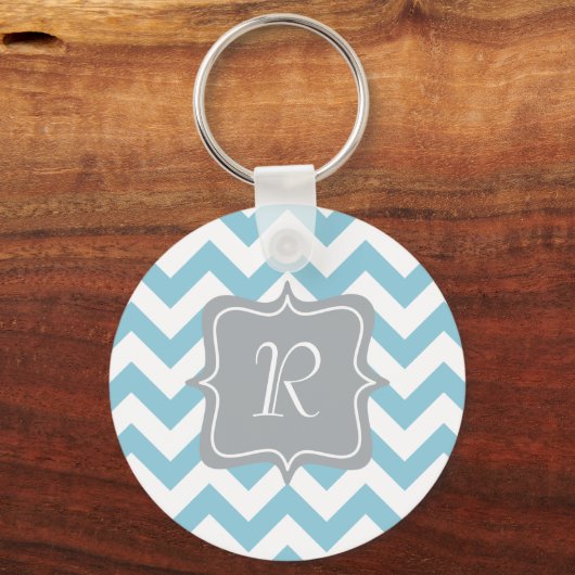 Blauw en wit Zigzag Monogram Sleutelhanger (Voorkant)