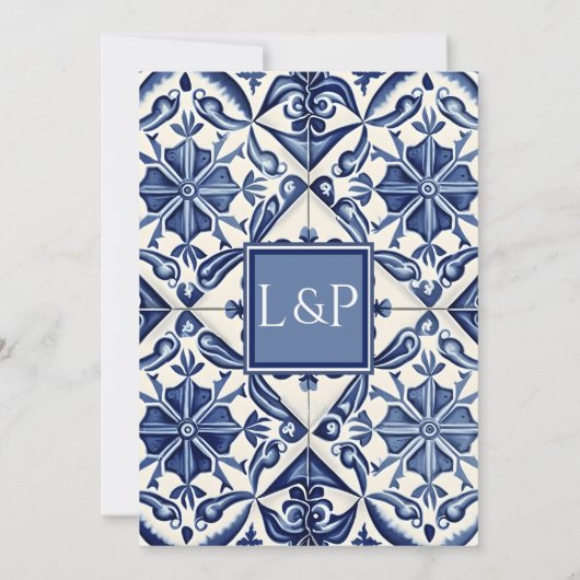 Blauw en Wit Zomer Tegels Custom Bruiloft Uitnodig Kaart (Achterkant)