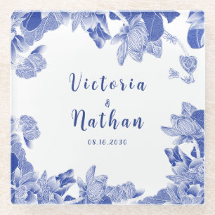 Blauw- en witblauw-oiserie Lotus Floral Wedding Glazen Onderzetter