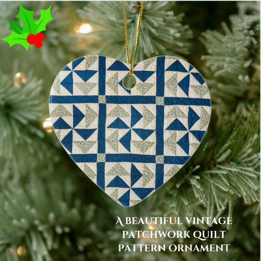 Blauw- en witpinwielpatroonpatchwerkquilt keramisch ornament
