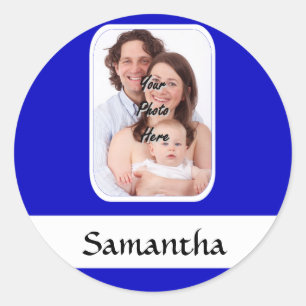 Blauw en witte aangepaste foto ronde sticker