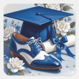 Blauw en Witte Afstudeer Saddle Schoen Klassieker Vierkante Sticker