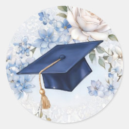 Blauw en Witte Afstudeerhoed Bloem Klassiek Rond Ronde Sticker