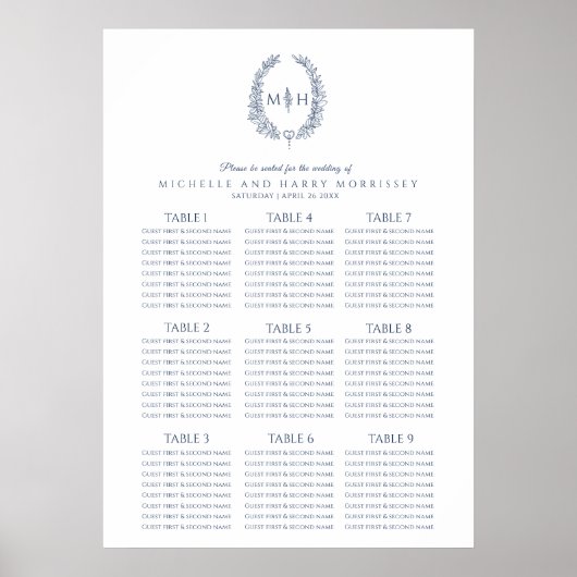 Blauw en witte bladeren krans bruiloft zitplaats k poster (Voorkant)
