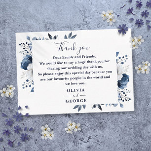 Blauw en Witte Bloem Bruiloft Dankjewel Plaatskaartje
