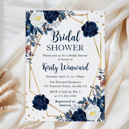 Blauw en Witte Bloemen Frame Bruidsdouche Kaart