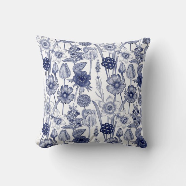  Blauw en Witte Bloemen Nr. 1 Pillow Kussen (Voorkant)