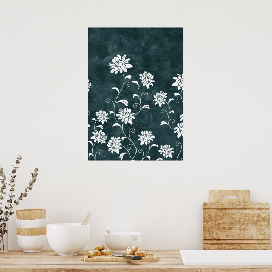 Blauw en witte bloemen, roestvrij poster (Keuken)