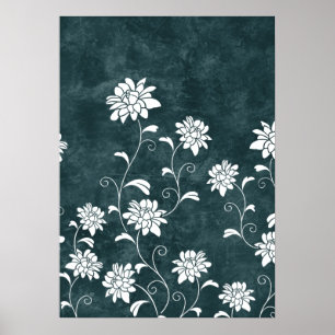 Blauw en witte bloemen, roestvrij poster