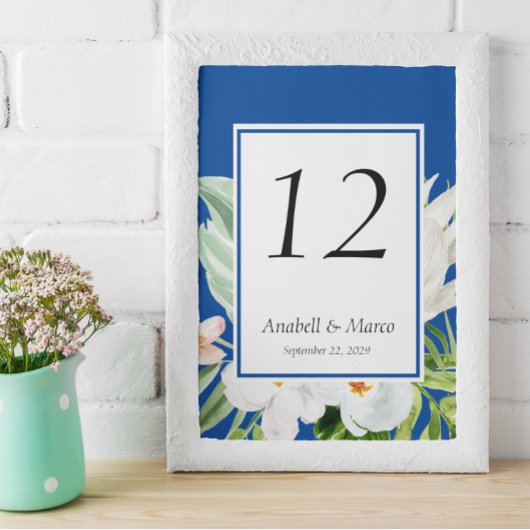 Blauw en Witte Bloemen Tafelnummer