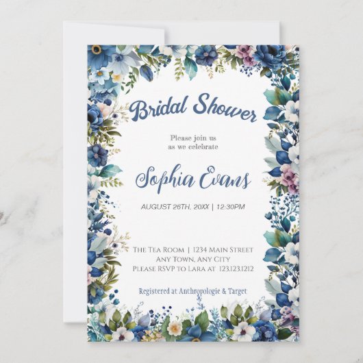 Blauw en Witte Bloemen Witte Bruidsdouche Kaart (Voorkant)