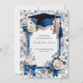 Blauw en Witte Bloemige Diploma Uitnodigingskaart Aankondiging