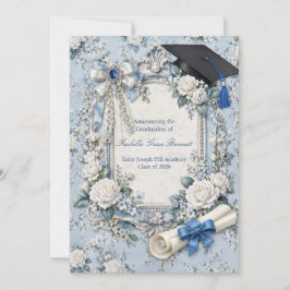 Blauw en Witte Bloemige Diploma Uitnodigingskaart Kaart