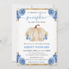 Blauw en Witte Bloemige Pompoen Herfst Baby Shower Kaart