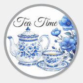 Blauw en Witte Bloemige Schoonheid Ronde Sticker (Voorkant)