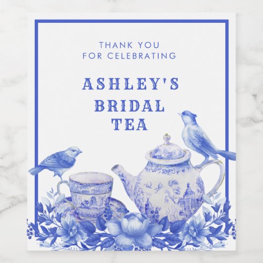 Blauw en Witte Bloemige Theepot | Bruidsfeest Wijn Etiket (Enkel label)