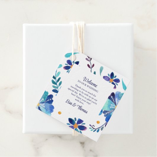 Blauw en Witte Bloemrijke Fiesta Bruiloft Welkom Bedankjes Labels (In situ)