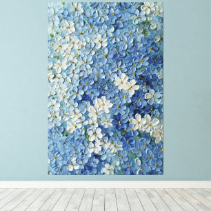 Blauw en witte bloesems op groene abstracte wandku canvas afdruk