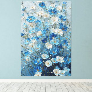 Blauw en Witte Bloesems op Lichtblauwe Abstracte K Canvas Afdruk