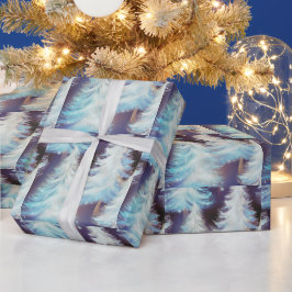 Blauw en Witte Bomen Modern Kerstmis Cadeaupapier