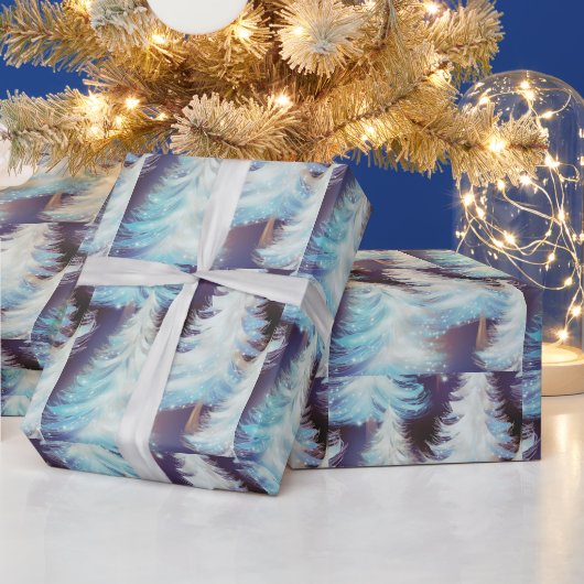 Blauw en Witte Bomen Modern Kerstmis Cadeaupapier (Feestdagen)