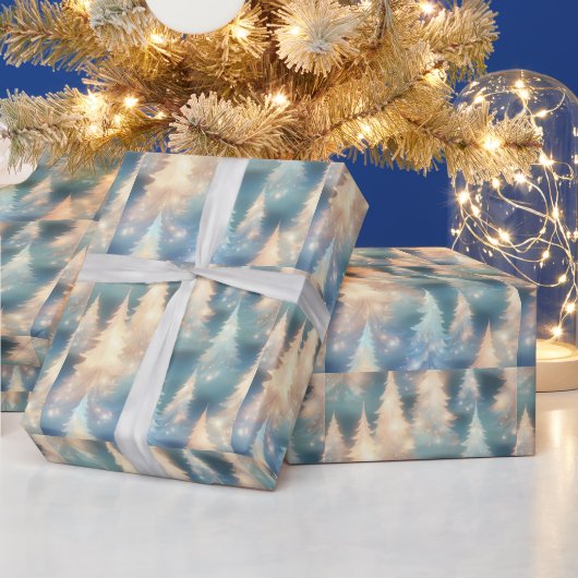 Blauw en Witte Bomen Modern Kerstmis Cadeaupapier (Feestdagen)