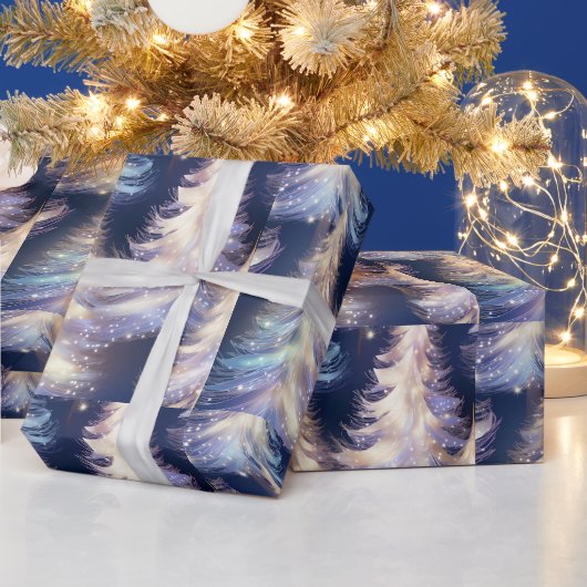 Blauw en Witte Bomen Modern Kerstmis Cadeaupapier (Feestdagen)