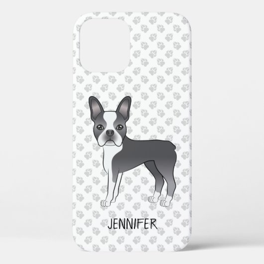 Blauw En Witte Boston Terrier Cartoon Hond & Naam Case-Mate iPhone Case (Achterkant)