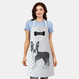 Blauw En Witte Boston Terrier Cartoon Hond & Naam Schort