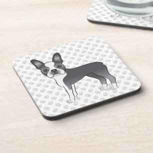 Blauw En Witte Boston Terrier Cartoon Hond & Poota Bier Onderzetter