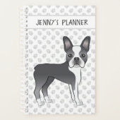 Blauw En Witte Boston Terrier Cartoon Hond & Tekst Planner (Voorkant)