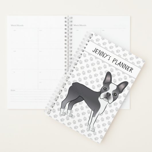 Blauw En Witte Boston Terrier Cartoon Hond & Tekst Planner (Display)
