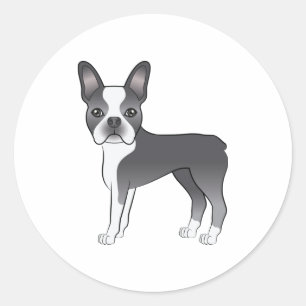 Blauw En Witte Boston Terrier Hond Illustratie Ronde Sticker