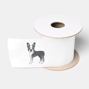 Blauw En Witte Boston Terrier Hond Illustratie Satijnen Lint