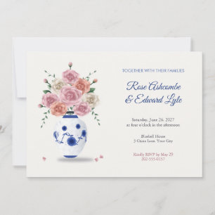 Blauw en Witte Chinese Vaas en Rozen Bruiloft Kaart