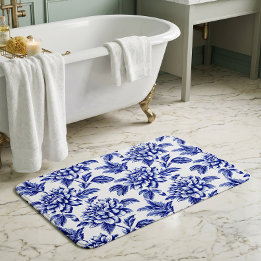 Blauw en Witte Dahlia Bloemen Toile de Jouy Badmat