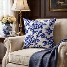 Blauw en Witte Dahlia Bloemen Toile de Jouy