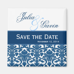Blauw en witte Damask sparen de Datum Wedding V397 Magneet