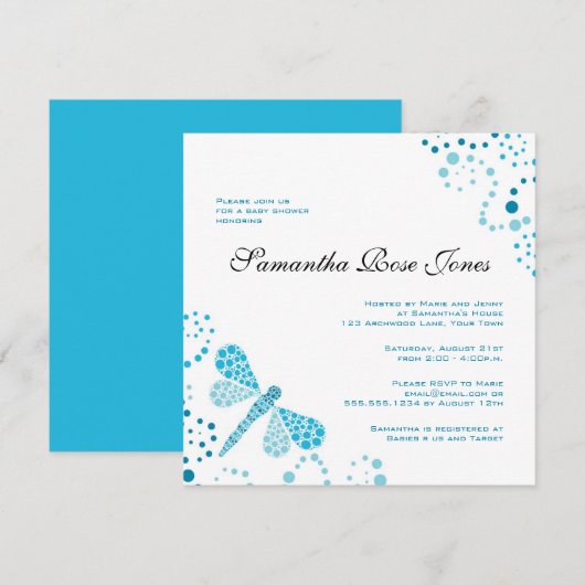 Blauw en witte dragonvlieg Elegant Baby shower Kaart (Voorkant / Achterkant)