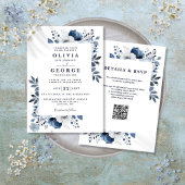 Blauw en Witte Elegante Bloemencode QR Code Bruilo Kaart